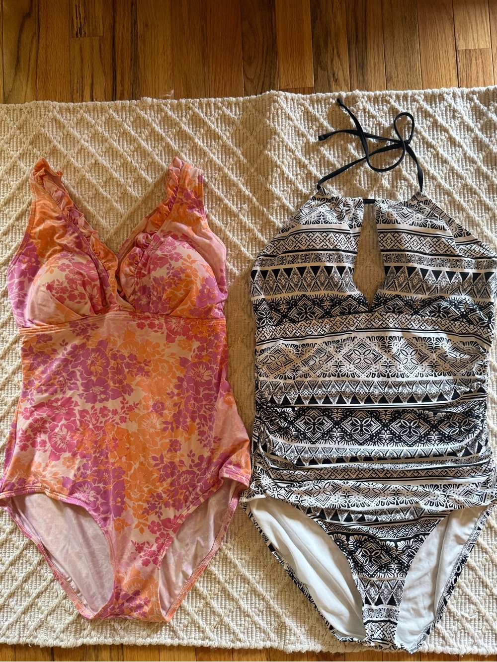 Two Liz Claiborne Pink and Orange Floral and Tribal Print One-Piece Swimsuits